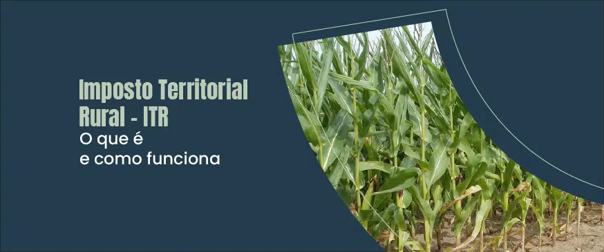 banner com fundo azul, com o titulo imposto territorial rural itr o que é e como funciona, a esquerda, como uma foto de uma plantação de milho a direita