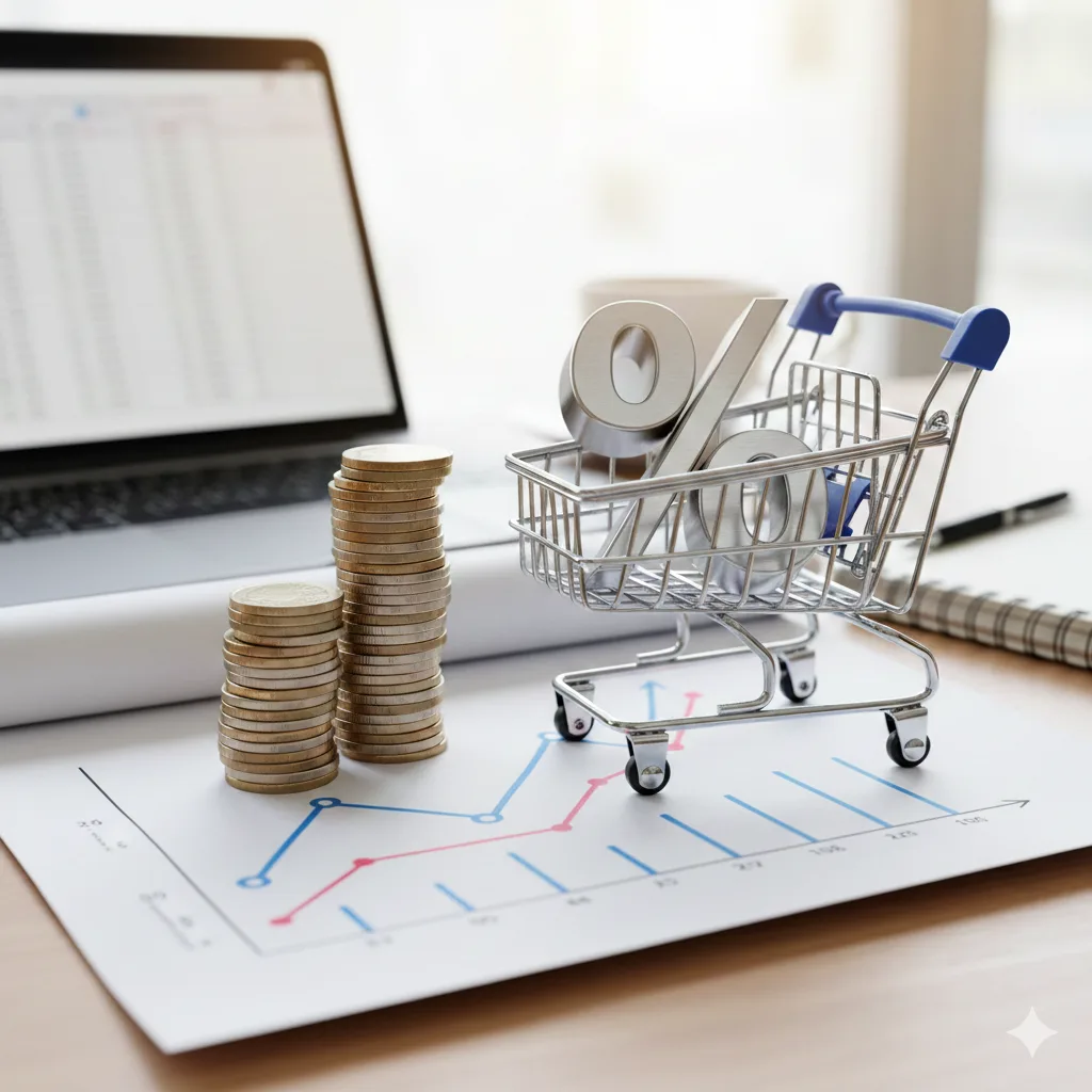 Na imagem contém: pilhas de moedas organizadas e um mini carrinho de supermercado com o símbolo de porcentagem dentro. Ao fundo da imagem tem um notebook e um gráfico financeiro em papel branco.